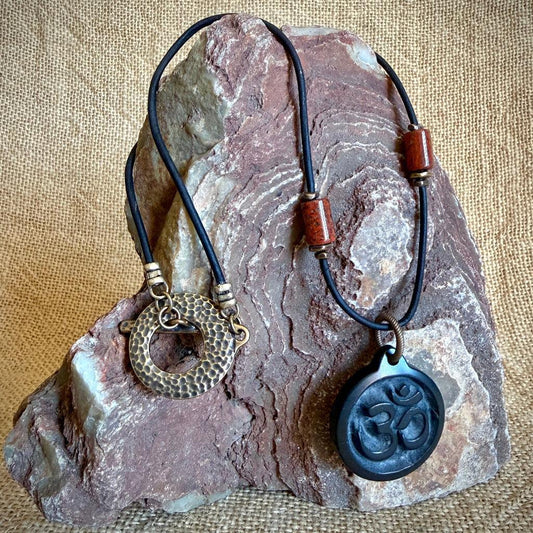 Shungite Om Pendant | Poppy Jasper Beads, Brass Toggle Clasp
