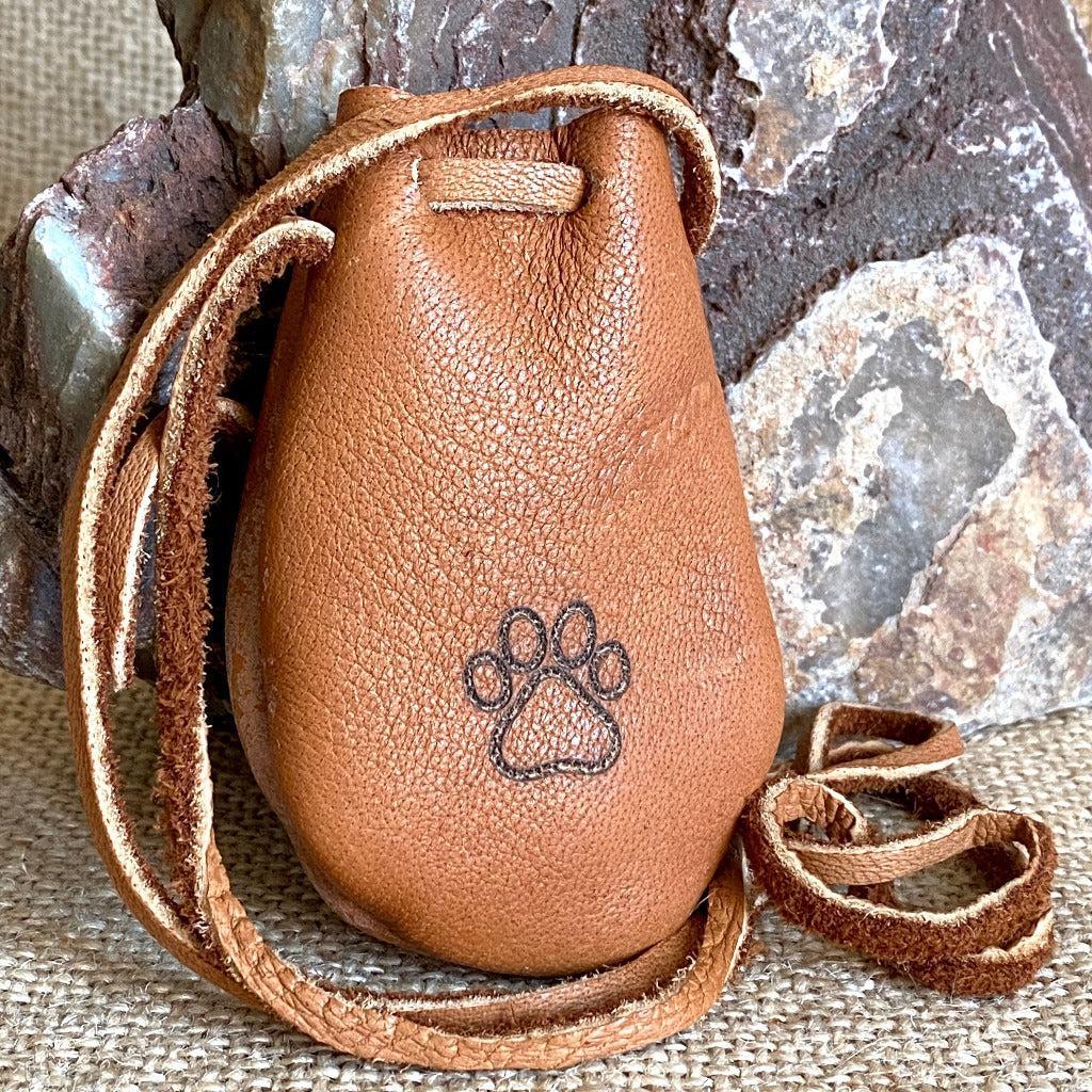 Shungite Palm Stone with Tiger's Eye in Elk Leather Neck Pouch