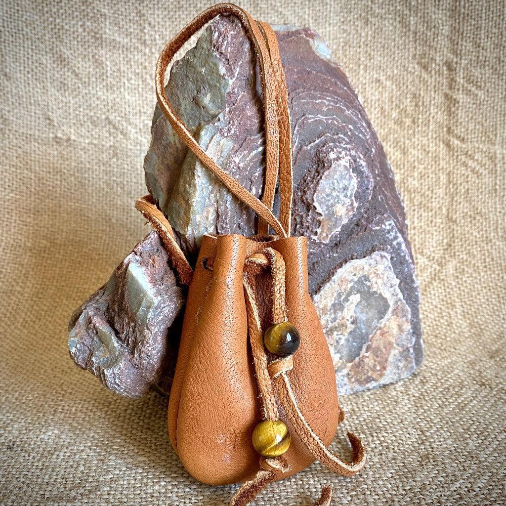 Shungite Palm Stone with Tiger's Eye in Elk Leather Neck Pouch