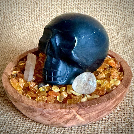 Shungite Skull on Baltic Amber | Zambian Citrine, Gold Rutile Quartz