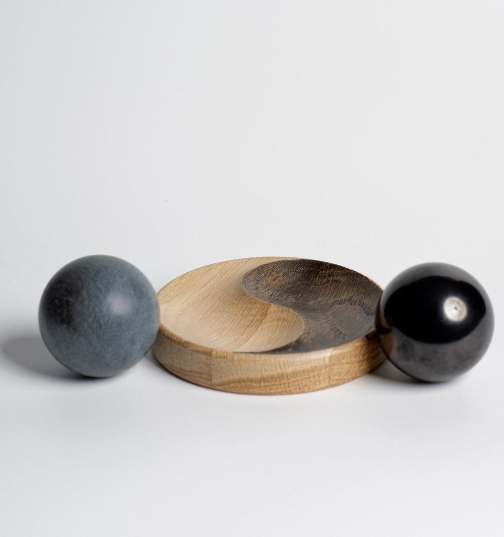 Shungite & Soapstone Baoding Balls | Yin Yang Oak Stand