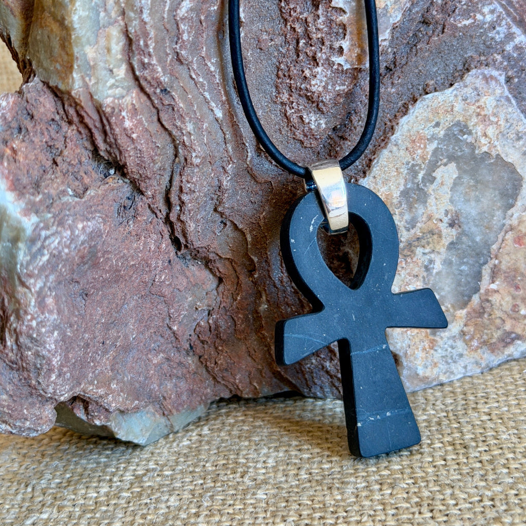 Shungite Ankh Necklace | With Sterling Silver Bail & Dolphin Clasp 4