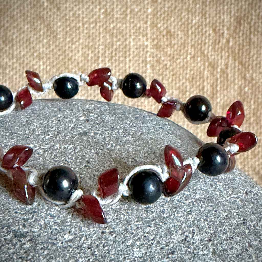 Shungite Beaded Linen Bracelet | Fabulous Cranberry Magatama Beads