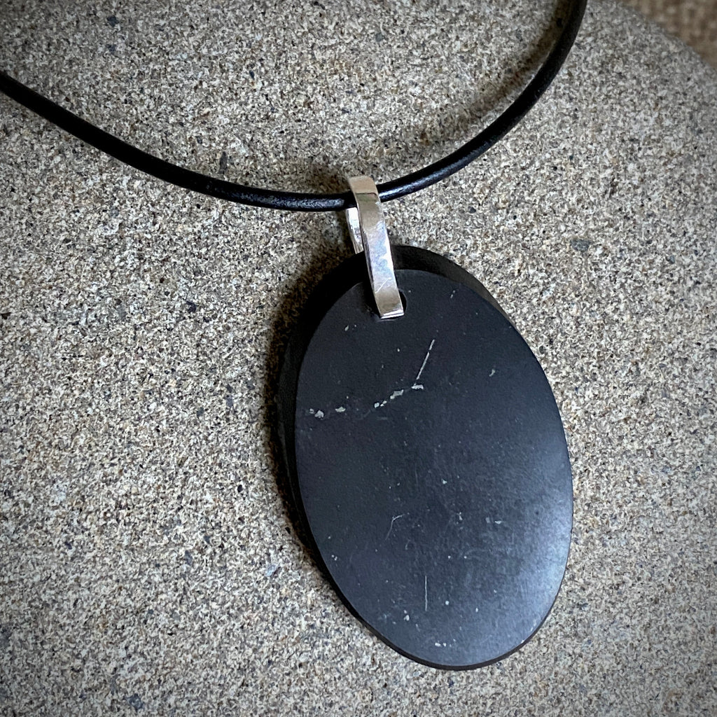 Shungite Beveled Oval Pendant | Sterling Silver Lobster Clasp 4
