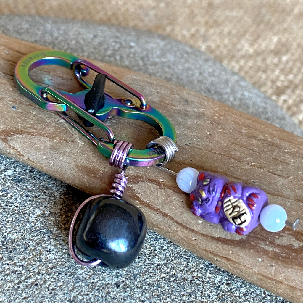 Shungite Clip-On for Pets | Rounded Cube Bead, Purple Lucky Cat Charm