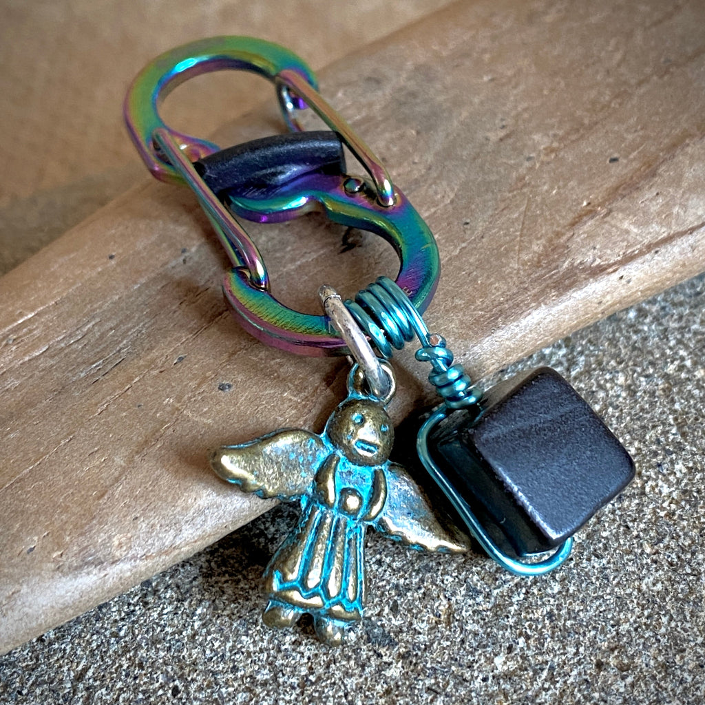 Shungite Clip-On for Pets | Square Bead, Brass Angel Charm, Blue Wire
