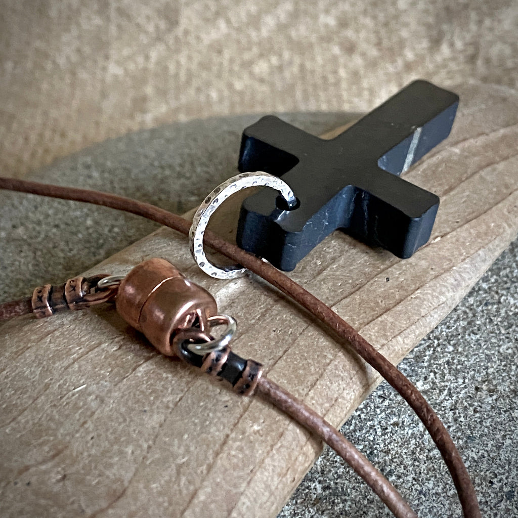 Shungite Cross Pendant | Mixed Metals on Rustic Brown Leather 3