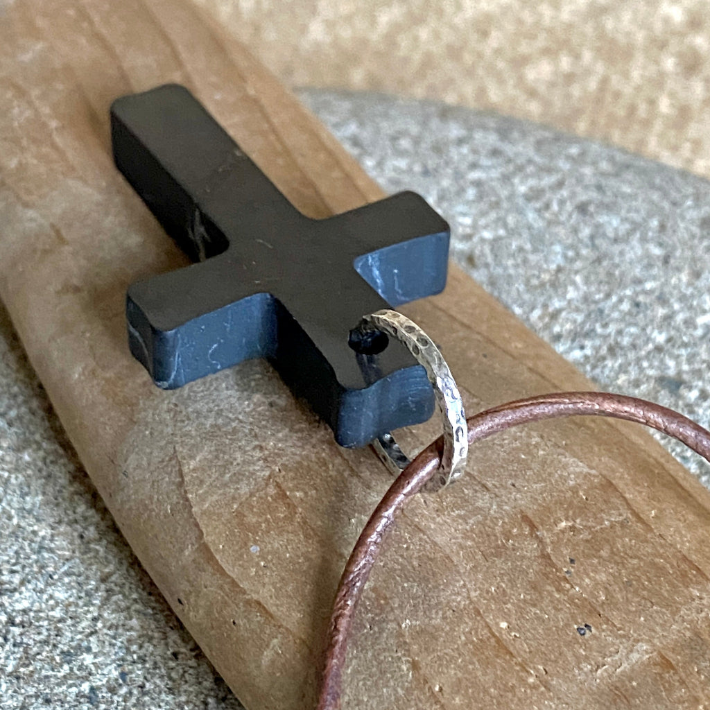 Shungite Cross Pendant | Mixed Metals on Rustic Brown Leather 4