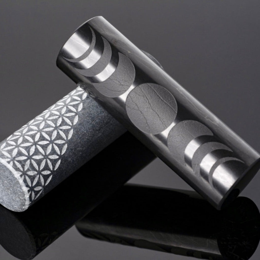 Shungite Harmonizer Cylinders | Wooden Flower of Life Display Stand 2