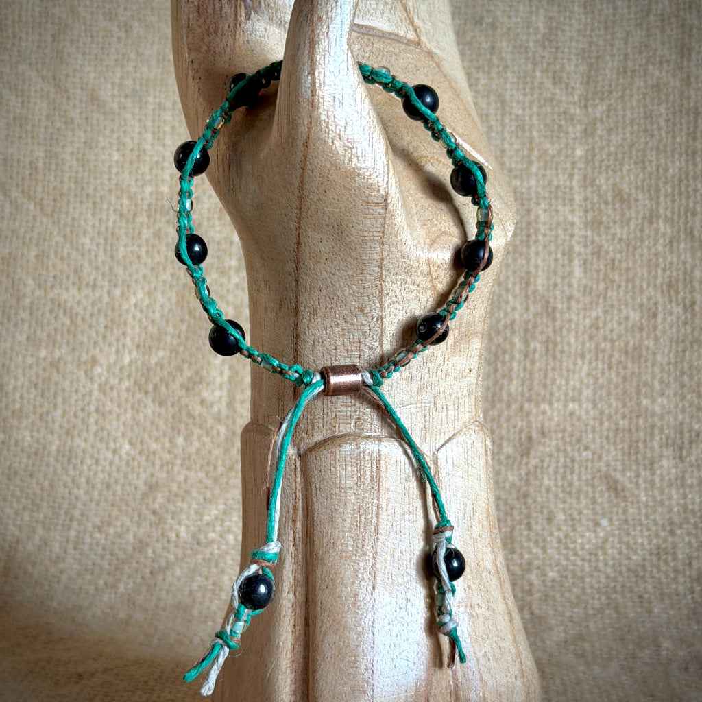 Shungite Macrame Bracelet on Green & Tan Hemp | Emerald Forest
