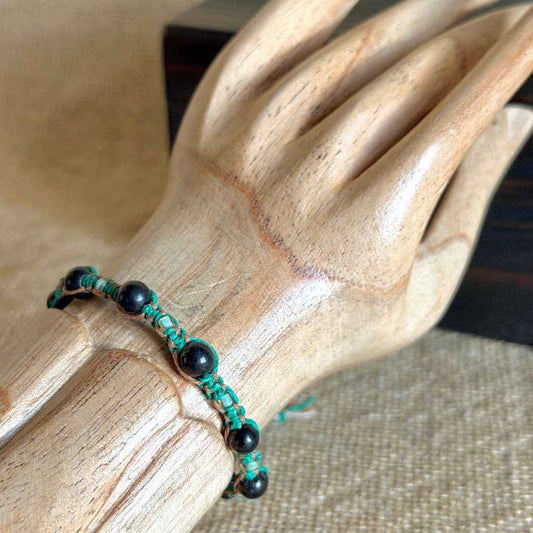 Shungite Macrame Bracelet on Green & Tan Hemp | Emerald Forest