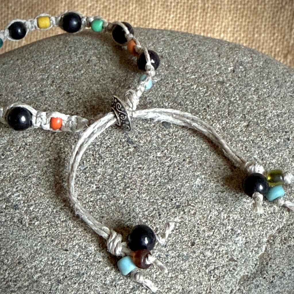 Shungite Macrame Bracelet on Natural Linen | African Maasai Glass Beads