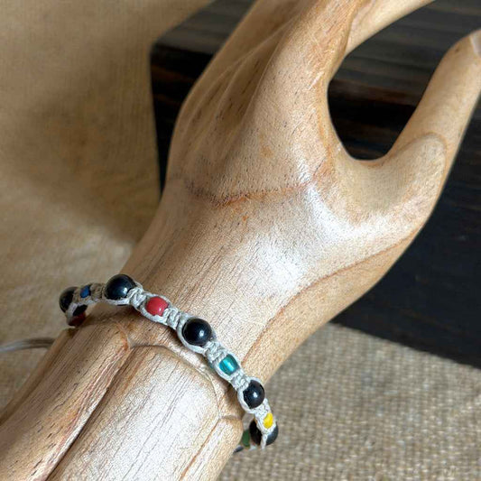 Shungite Macrame Bracelet on Natural Linen | African Maasai Glass Beads