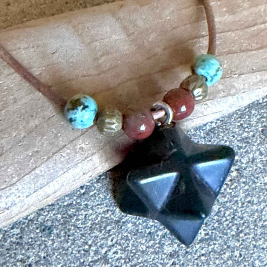 Shungite Merkaba Necklace | Red Jasper, African Turquoise, Brass Beads