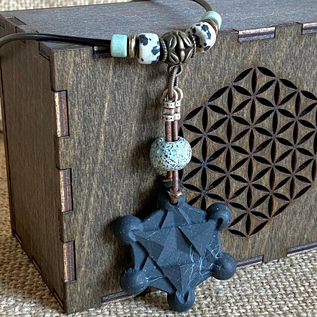 Shungite Metatron's Cube Necklace | Leather Dangle with Brass Toggle Clasp