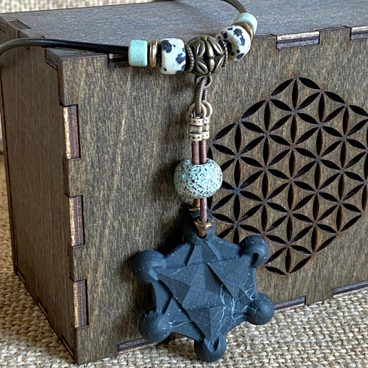 Shungite Metatron's Cube Necklace | Leather Dangle with Brass Toggle Clasp