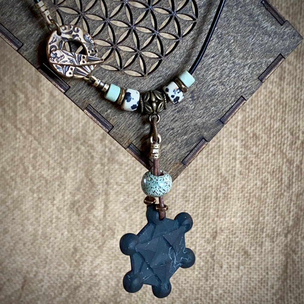 Shungite Metatron's Cube Necklace | Leather Dangle with Brass Toggle Clasp 2