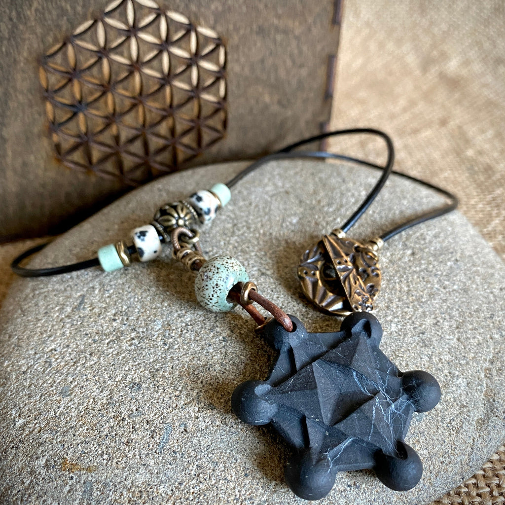Shungite Metatron's Cube Necklace | Leather Dangle with Brass Toggle Clasp 3