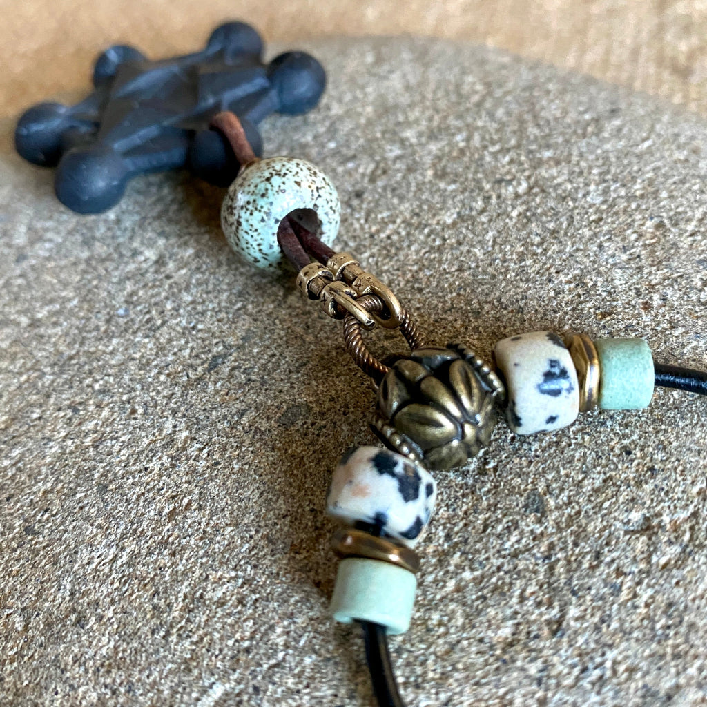 Shungite Metatron's Cube Necklace | Leather Dangle with Brass Toggle Clasp 4