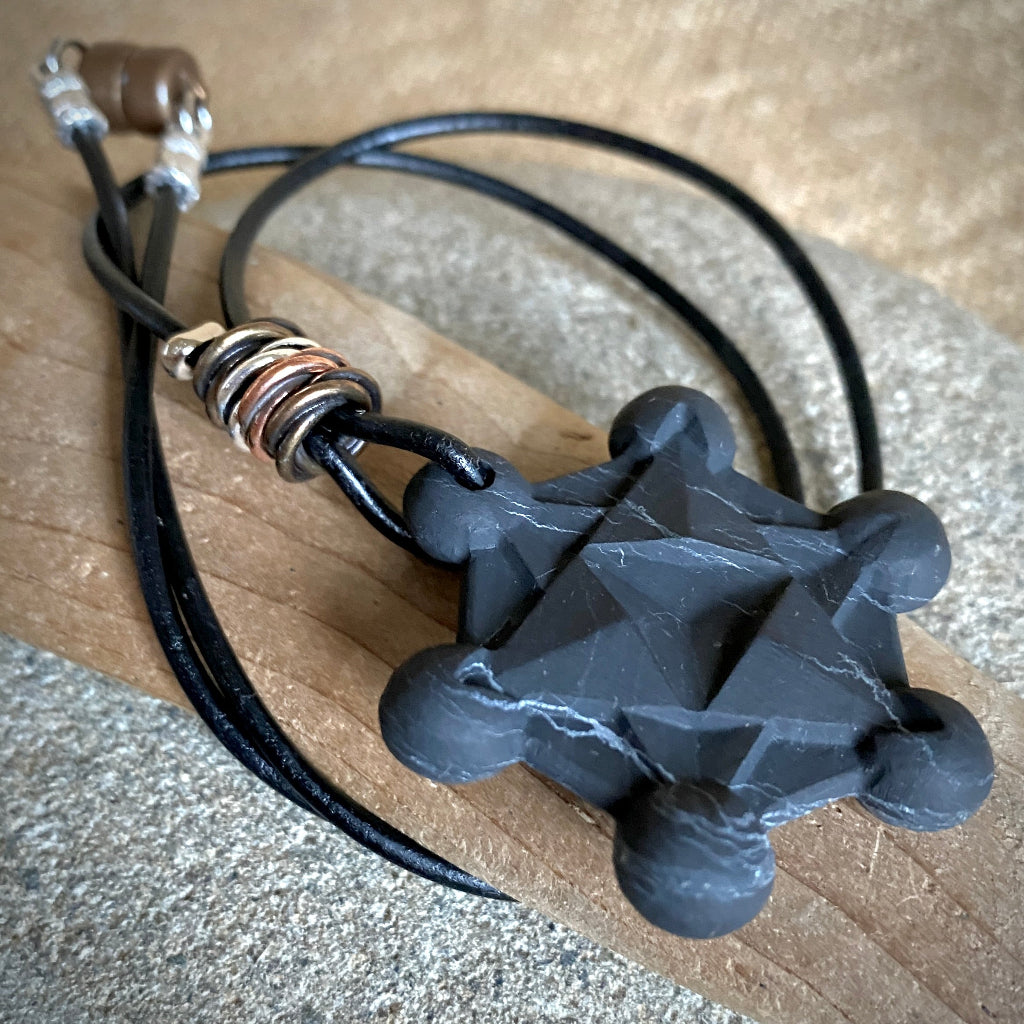 Shungite Metatron's Cube Necklace | Mixed Metal Accents & Black Leather