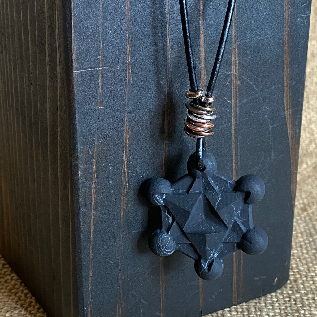 Shungite Metatron's Cube Necklace | Mixed Metal Accents & Black Leather 5