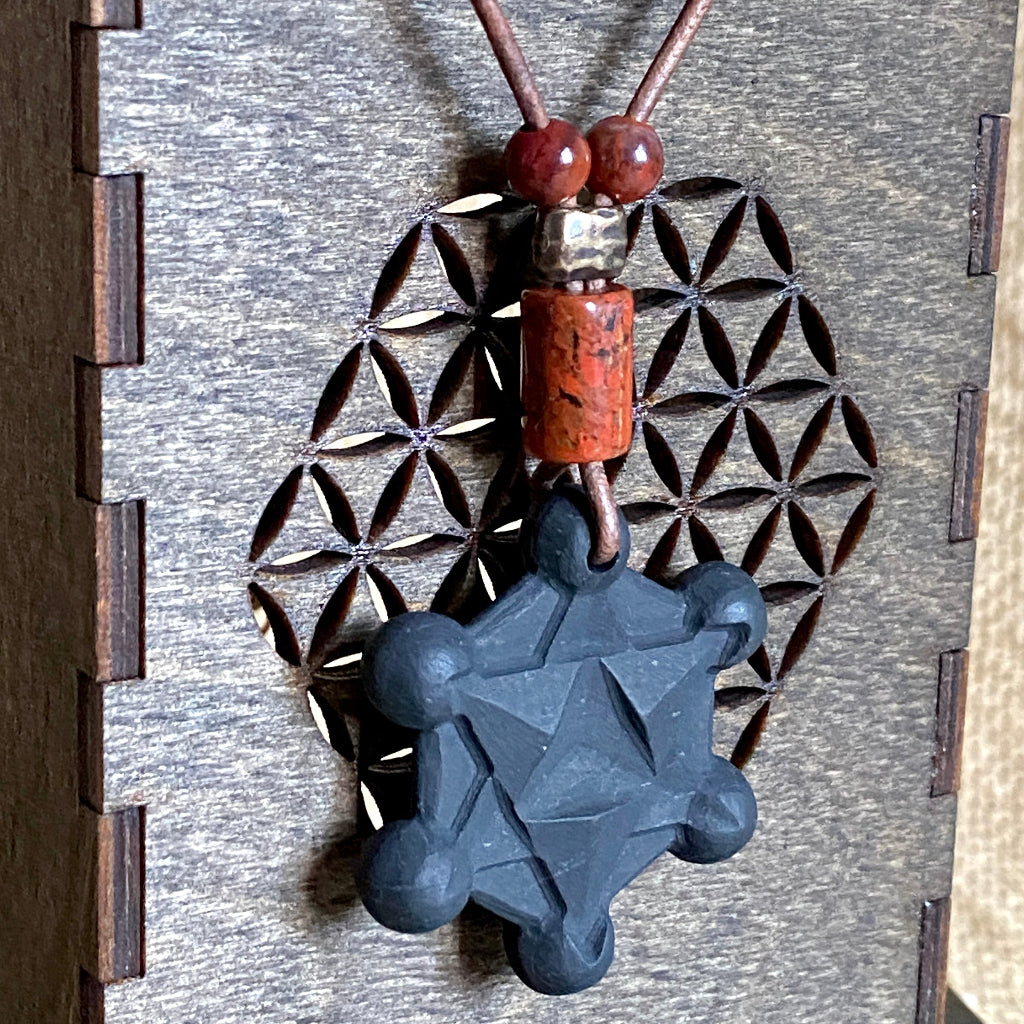 Shungite Metatron's Cube Necklace | Red Jasper Beads and Copper