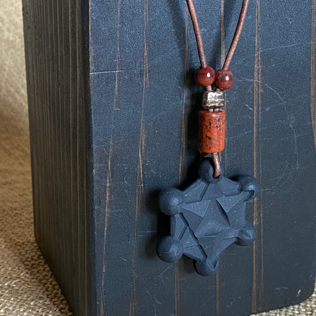 Shungite Metatron's Cube Necklace | Red Jasper Beads and Copper 4