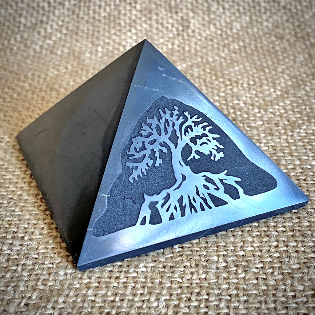 Shungite Pyramid Tree of Life | Flower of Life Wooden Base 3