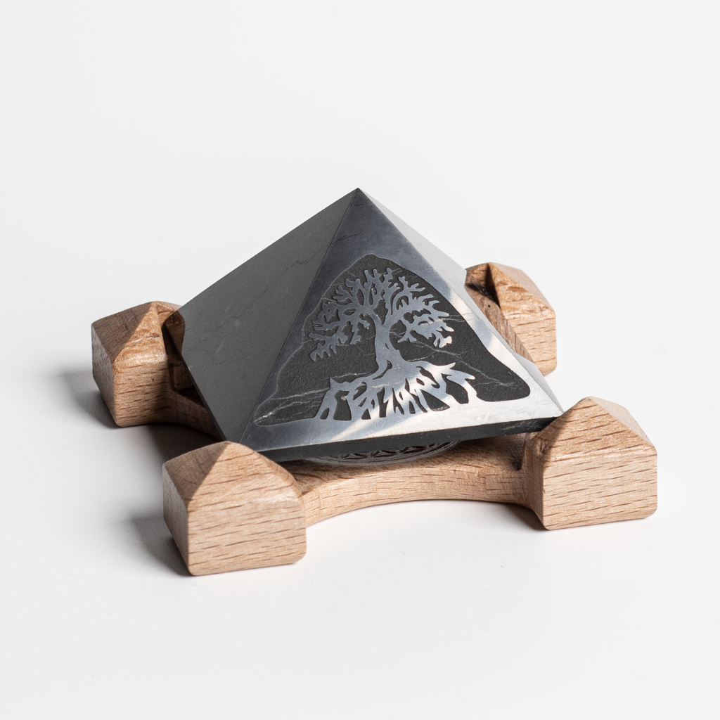 Shungite Pyramid Tree of Life | Flower of Life Wooden Base 4