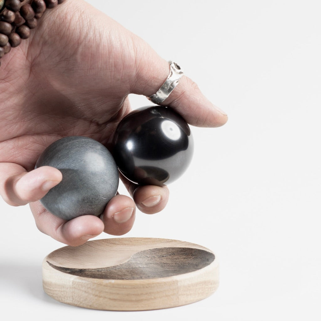 Shungite & Steatite Baoding Balls | Yin Yang Oak Stand hand