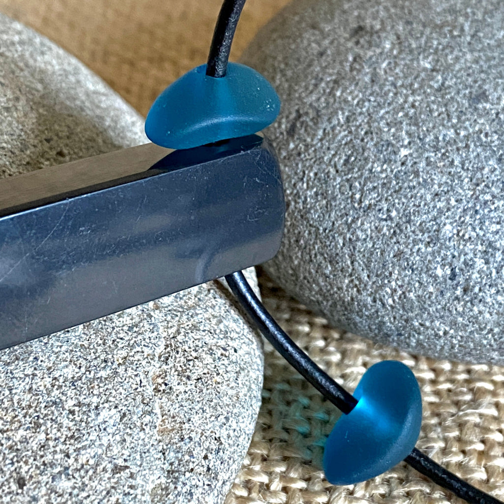 Shungite Stick Pendant | Blue Sea Glass, Black Leather 4