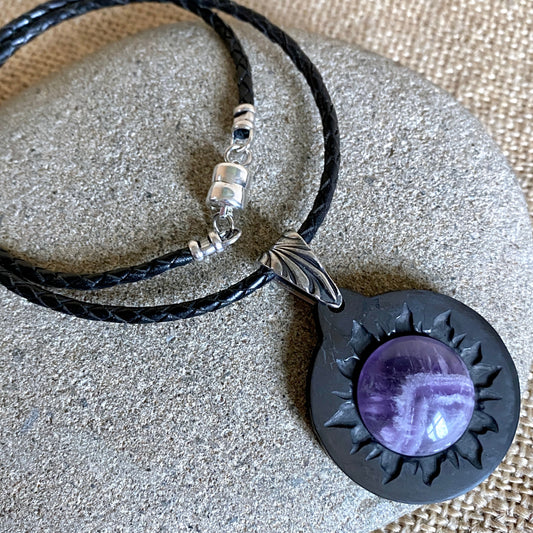 Shungite Sun Pendant | Chevon Amethyst, Braided Black Leather 2