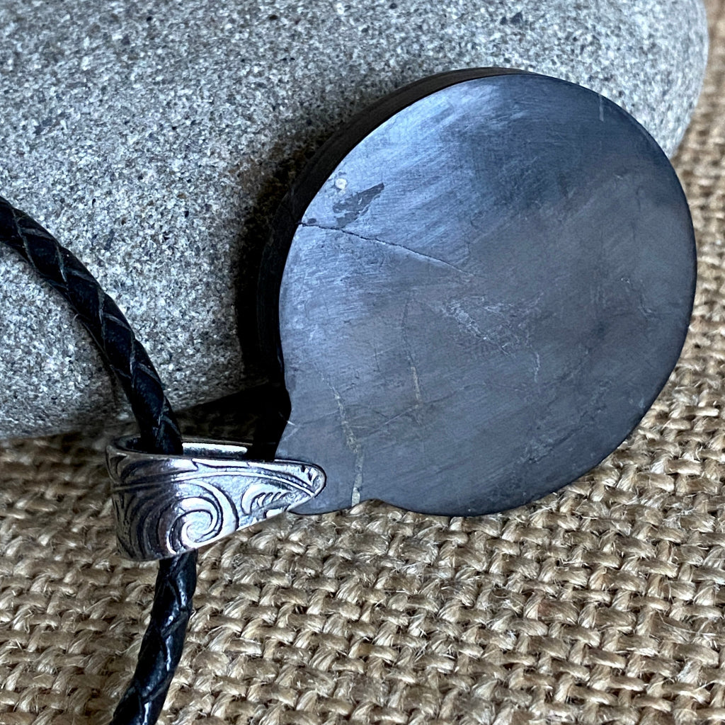 Shungite Sun Pendant | Chevon Amethyst, Braided Black Leather back