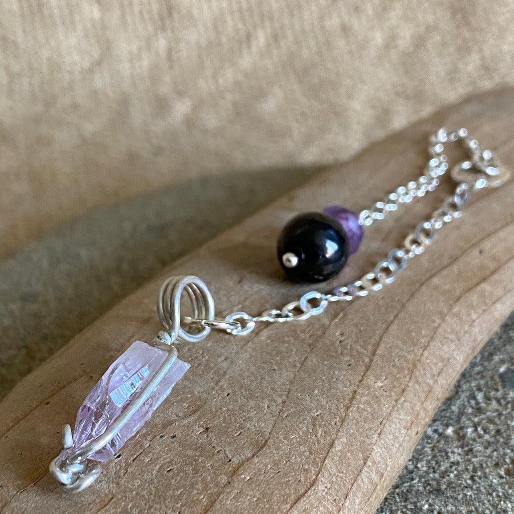 Tiny Vera Cruz Amethyst Pendulum, Sterling Silver Chain, Shungite Grip