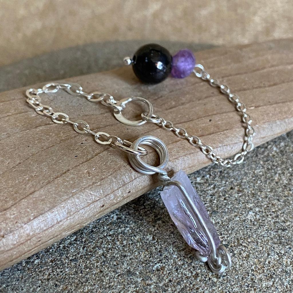 Tiny Vera Cruz Amethyst Pendulum, Sterling Silver Chain, Shungite Grip