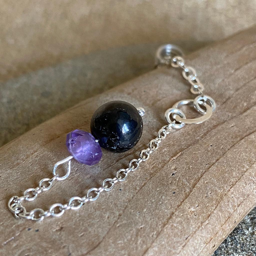 Tiny Vera Cruz Amethyst Pendulum, Sterling Silver Chain, Shungite Grip
