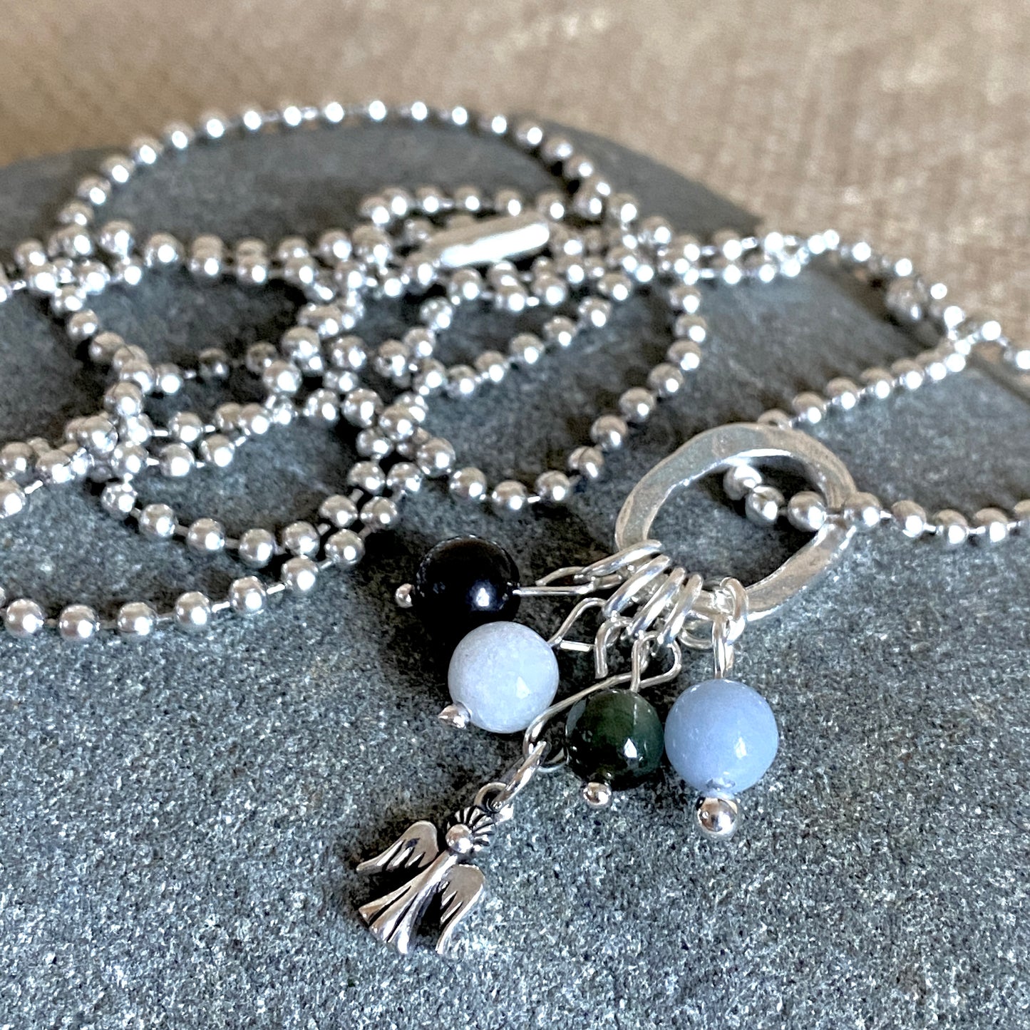 Gemstone Angel Connections Ball Chain Necklace with Silver Angel Charm