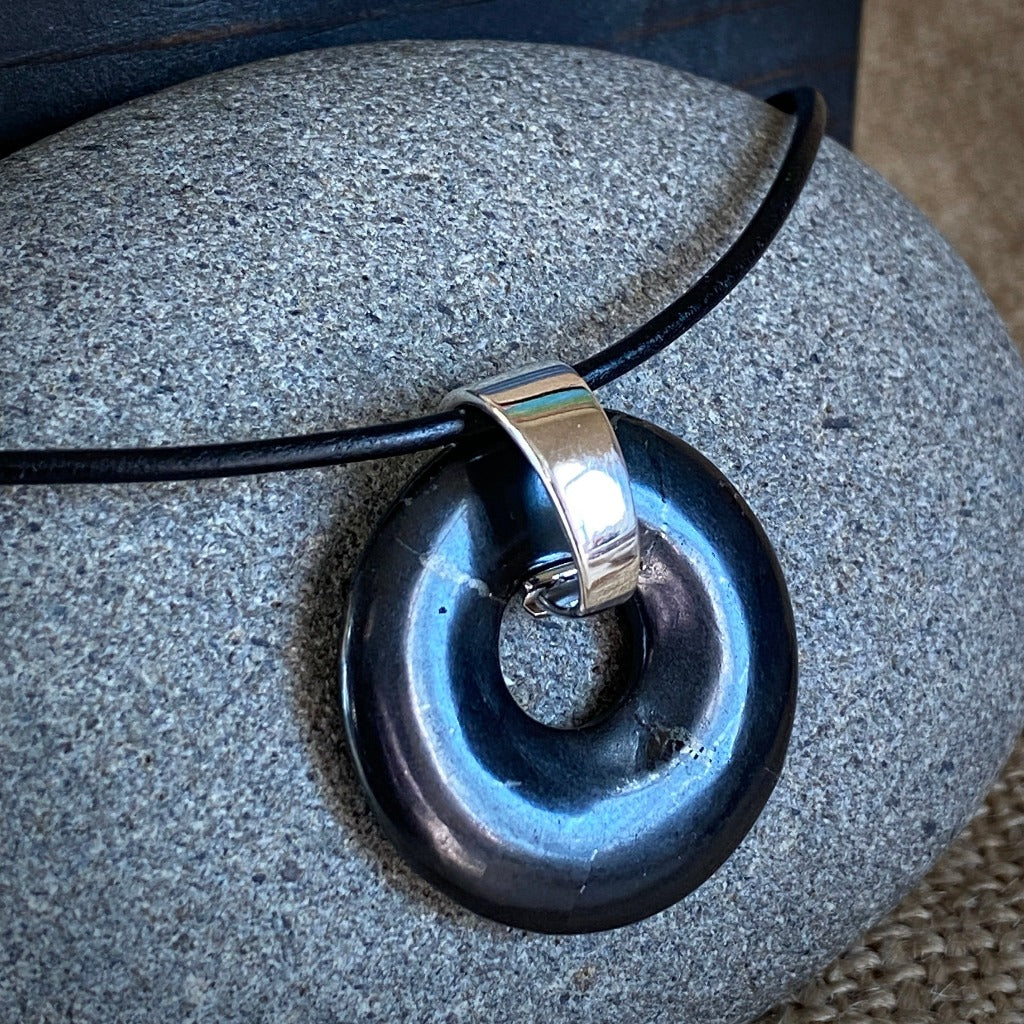 Black Shungite Donut Pendant 30mm on Leather with Sterling Silver Bail