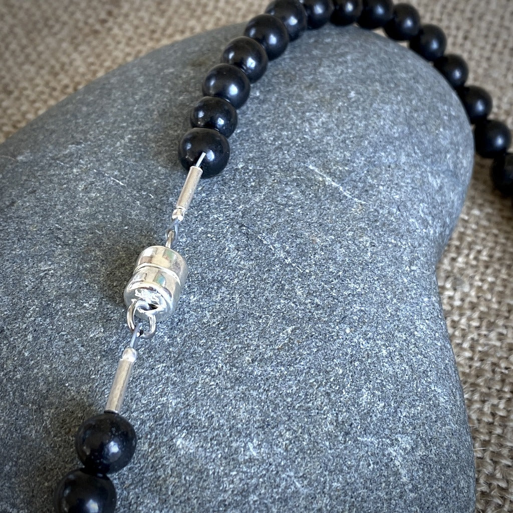 Shungite Bead Necklace, Hill Tribe Silver Stamped Tube Bead, Unisex