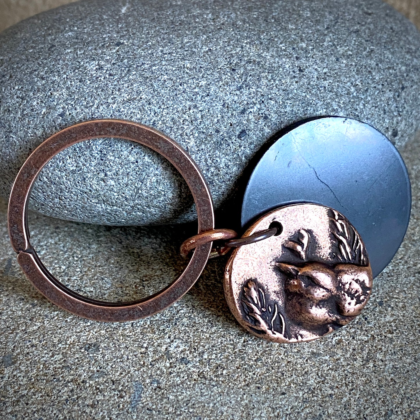 Shungite Disk Keychain With Weighty Antique Copper Bird Charm