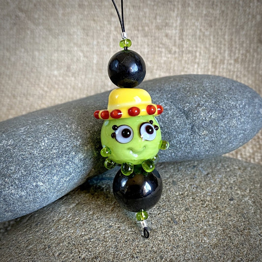 Hangable EMF Accessory w/Shungite, Lime Green "Squeedle" in Yellow Hat