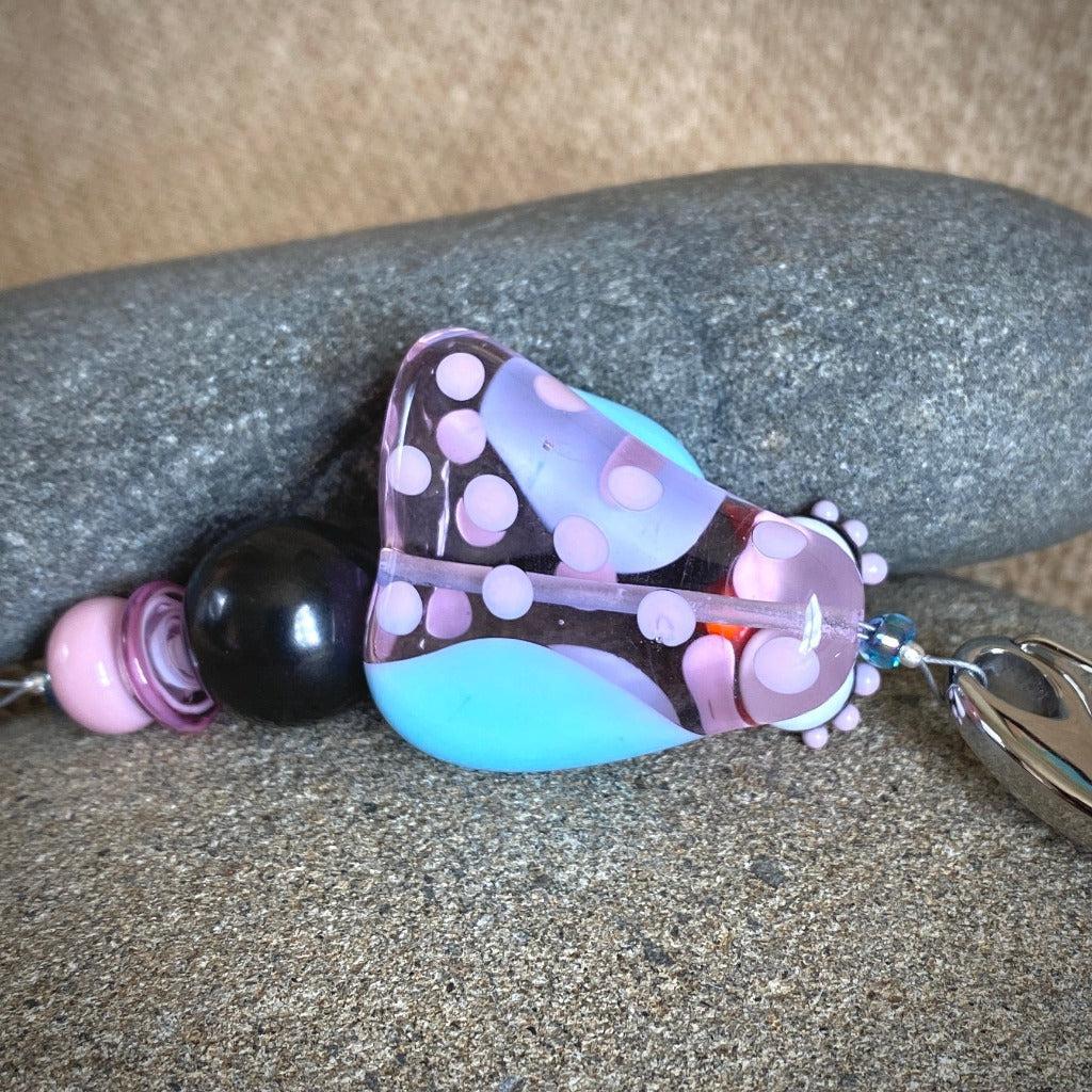 Big Silly Bird Clip-on Necklace, Shungite, Artisan Lampwork Glass Bead