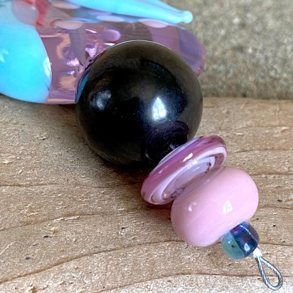 Big Silly Bird Clip-on Necklace, Shungite, Artisan Lampwork Glass Bead