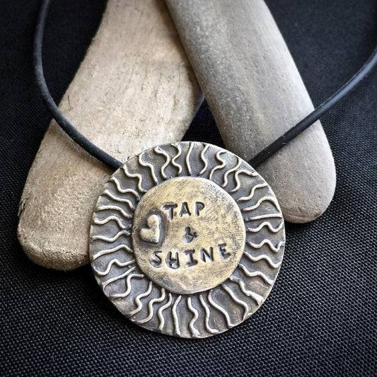 Big Sun "Tap & Shine" Pendant, Tapping, EFT Necklace, Heart, Rays of Sun, Fine Silver - Shungite Queen