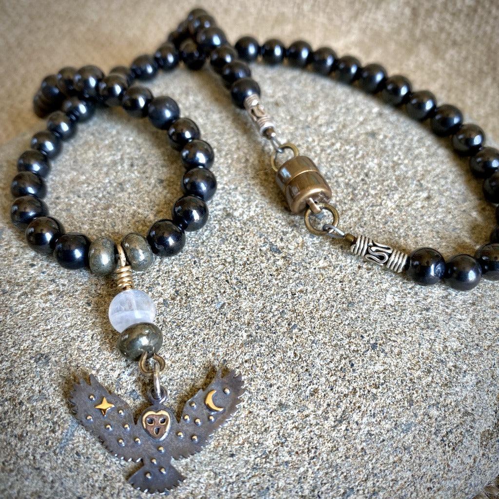 Black Shungite, Pyrite, & Selenite Necklace, Mixed Metal Owl Pendant