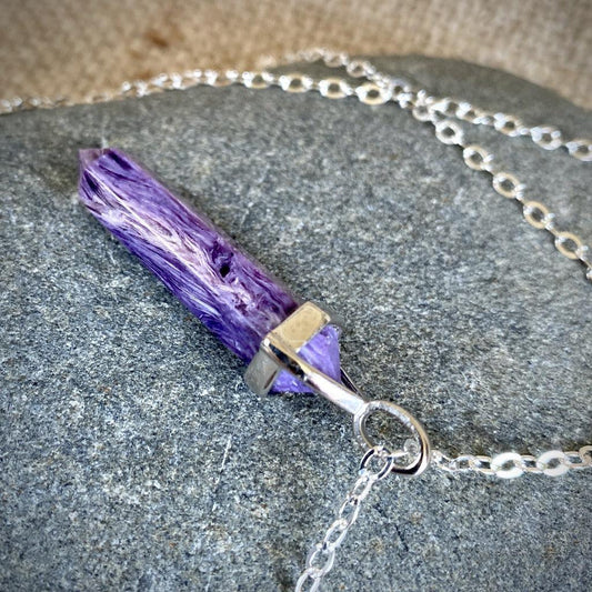 Charoite Double Point Pendant w/Sterling Silver Setting, Siberian Stone