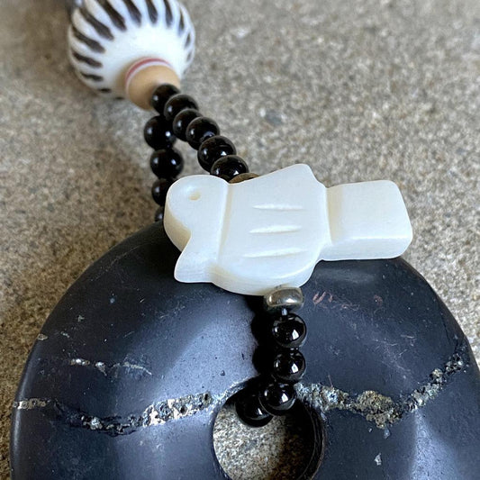Tribal Shungite Lariat Necklace with Carnelian,Tourmaline & Bone Beads
