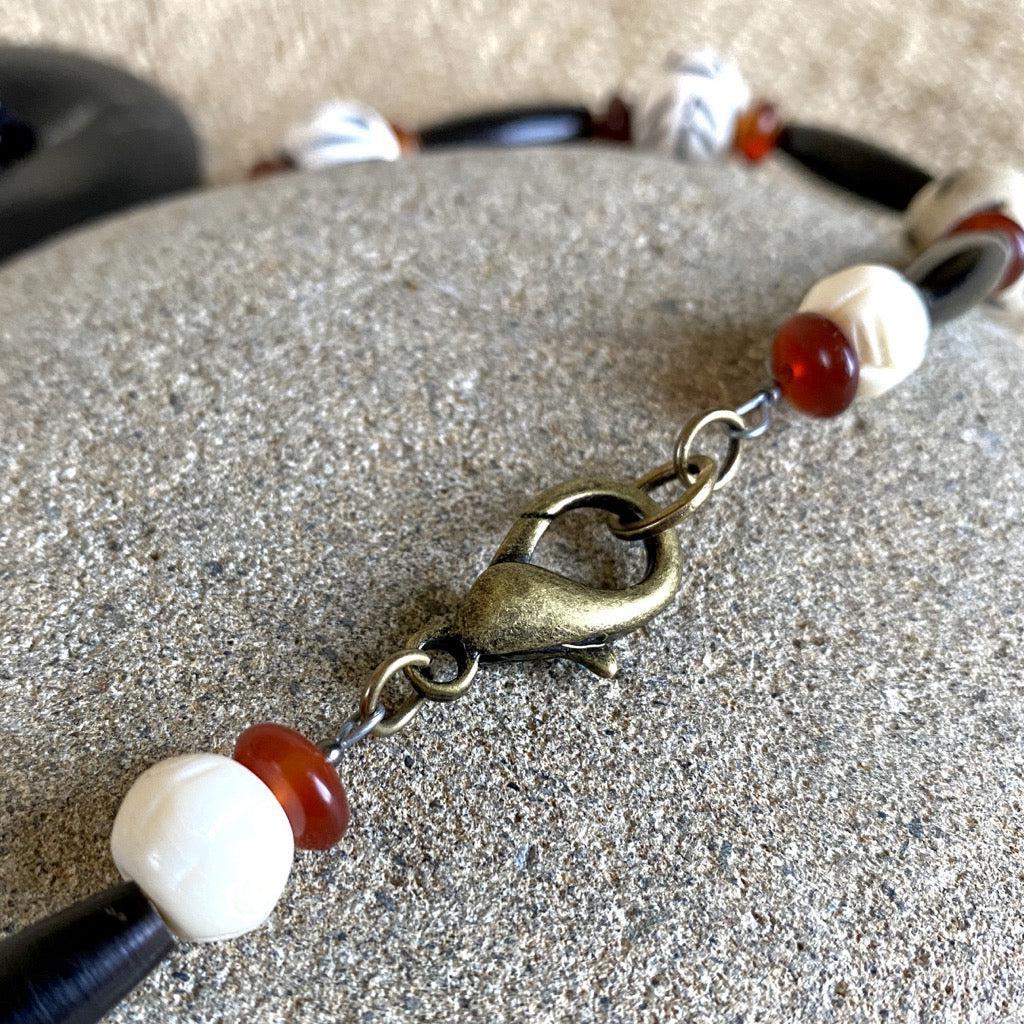Tribal Shungite Lariat Necklace with Carnelian,Tourmaline & Bone Beads