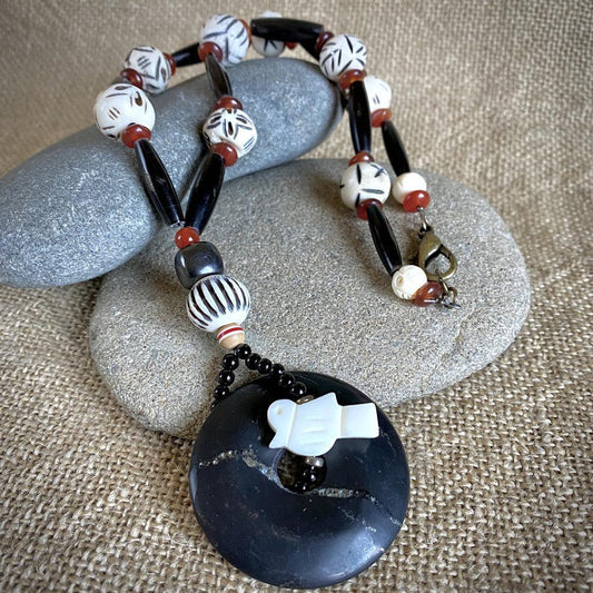 Tribal Shungite Lariat Necklace with Carnelian,Tourmaline & Bone Beads