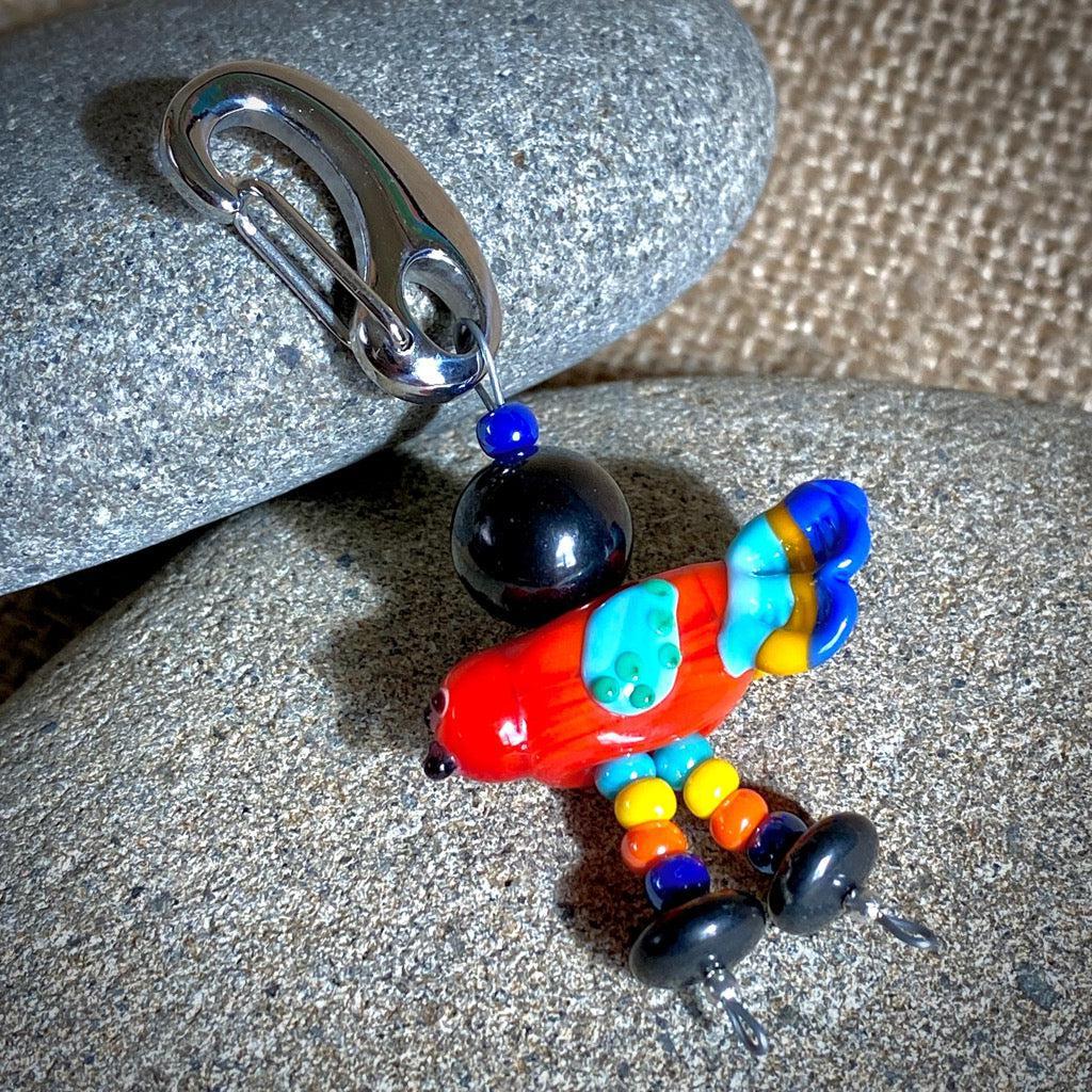 Colorful Shungite Bird Clip-on, Red and Blue, Artisan Lampwork Glass
